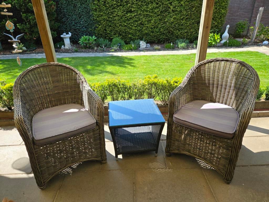 2 wickerstoelen met tafeltje 35 euro samen, Ophalen, 2 zitplaatsen