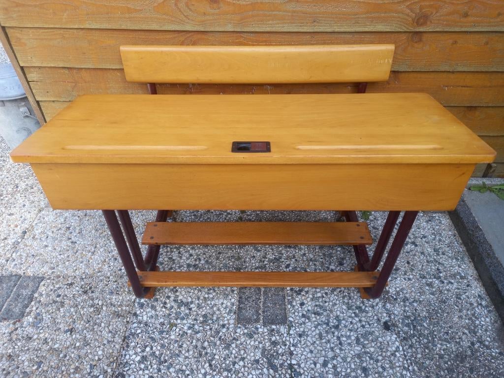 Nostalgisch schoolbankje met inktpot in keurige staat, Ophalen, Demontabel, Gebruikt, 110 cm