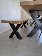 Grote massief eiken eetkamerbank op 3 zwarte X-poten., Ophalen, Bruin, Zo goed als nieuw, Eén