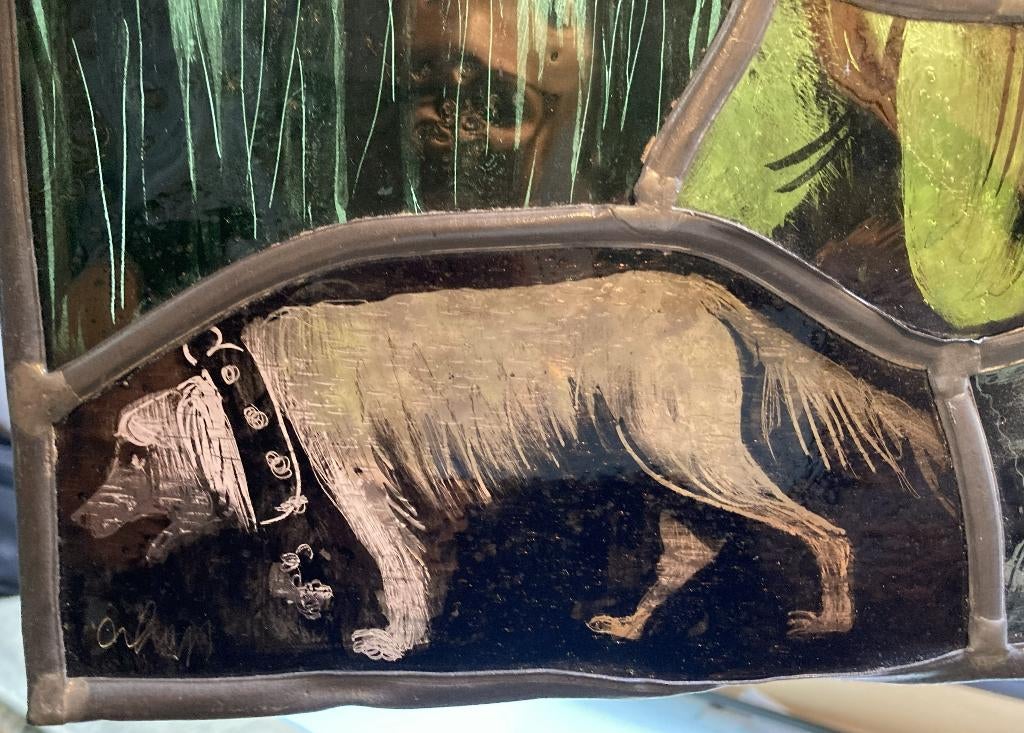 Oud Glas in Lood Jager met Hond Gesigneerd, Antiek en Kunst, Verzenden