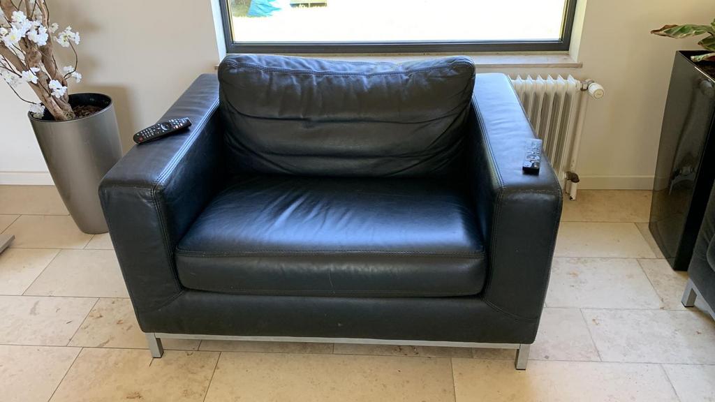 Machalke Loveseat zwart leer - 120 breed x 90 diep, Huis en Inrichting, Fauteuils, Ophalen, Modern design, Gebruikt, 100 tot 125 cm