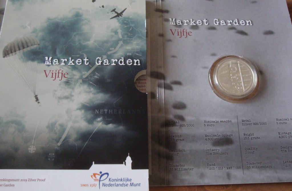 Vijf euro munt vijfje Market Garden 2019 zilver proof, Koningin Juliana, Zilver, Euro's, Ophalen of Verzenden