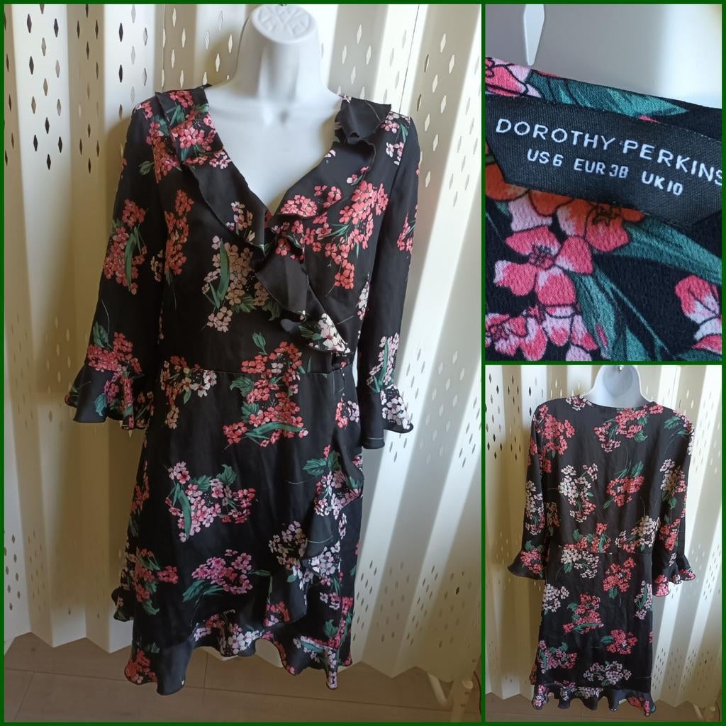 Dorothy Perkins Zwarte Bloemen Overslagjurk Rushes 38, Maat 38/40 (M), Zwart, Ophalen of Verzenden, Zo goed als nieuw