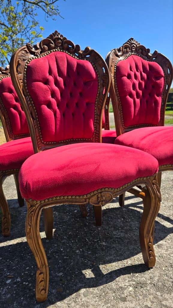 Set van 4 Antieke Barok Stoelen - Rood Fluweel, Ophalen of Verzenden