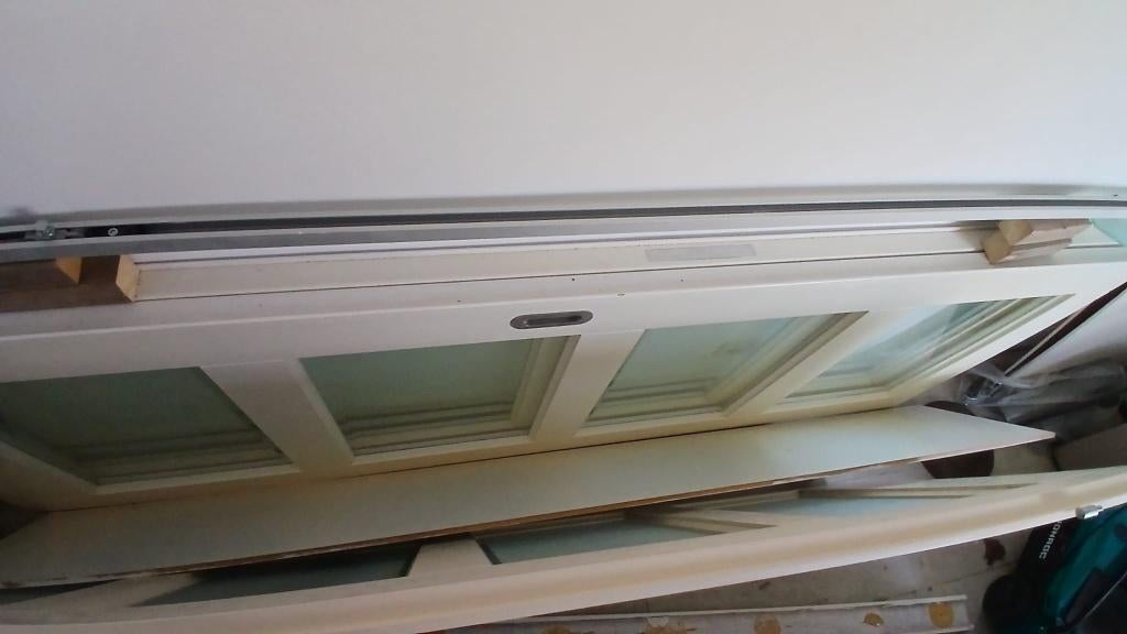 2 houten schuifdeuren met transparant glazen panelen, Ophalen, Gebruikt, 80 tot 100 cm, 215 cm of meer