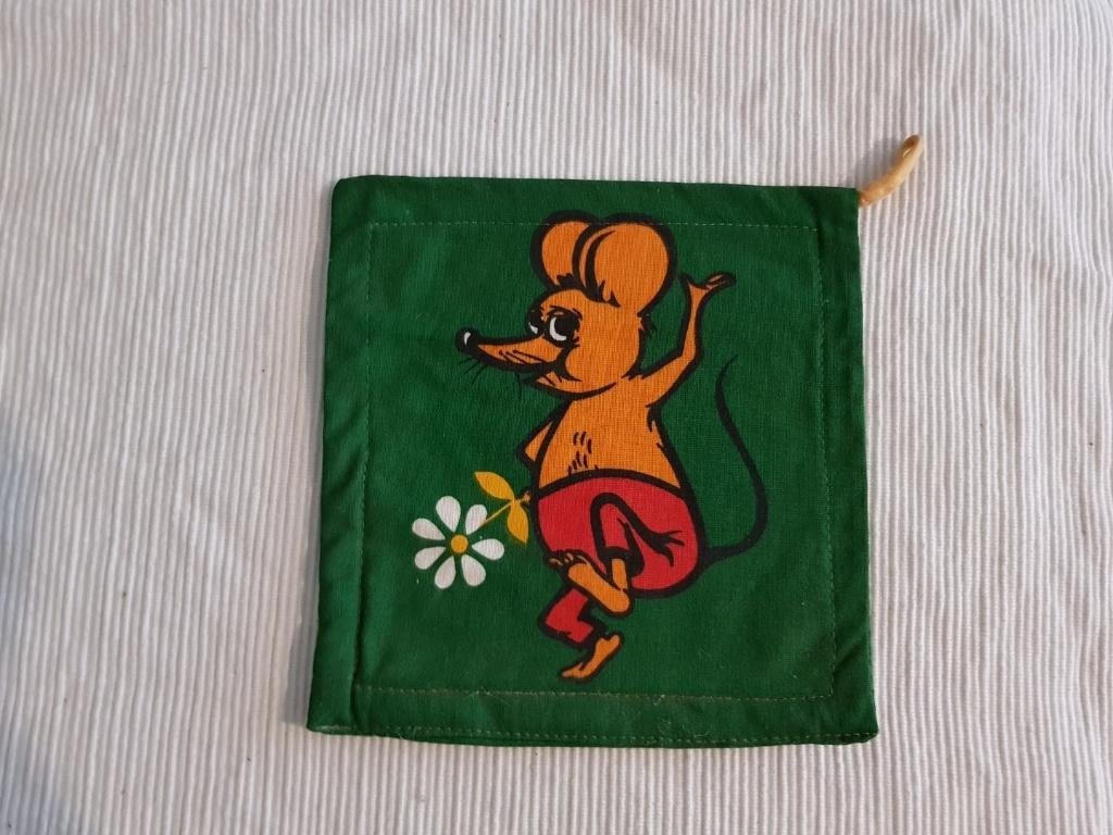 Vintage retro groen doekje met muis, pannenlap, Verzenden, Groen
