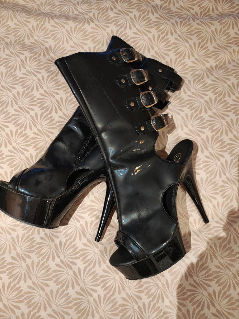 Pleaser Heels - Zwarte Open Teen Laarzen met Gespen, Zwart, Pleaser, Ophalen of Verzenden, Schoenen met hoge hakken