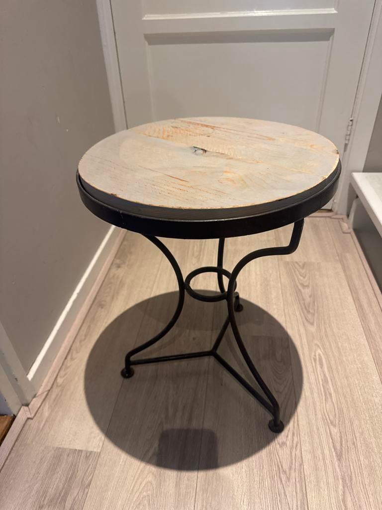 Smeedijzeren salontafel met steigerhout blad - 40cm, Huis en Inrichting, Tafels | Salontafels, Ophalen, Gebruikt, Rond, Metaal