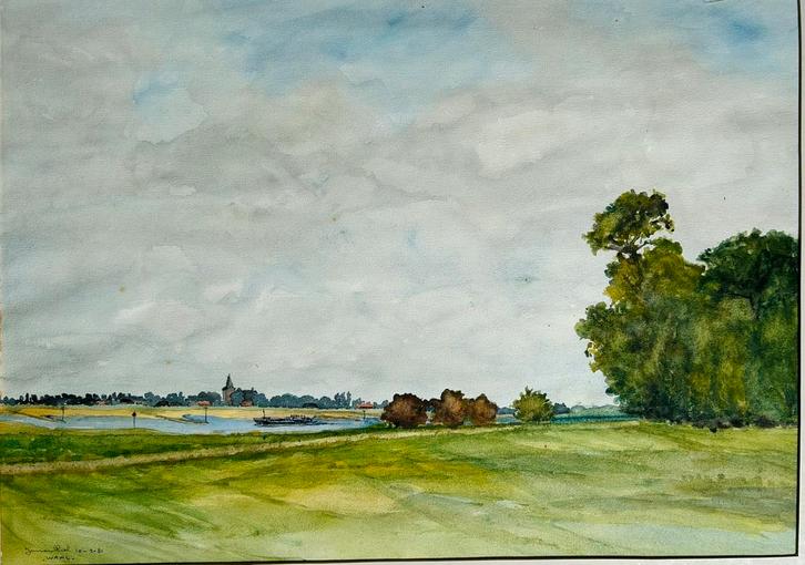 Jan van Riel - “Waal 1980” - Aquarel - 54 x 74 - gesigneerd, Antiek en Kunst, Kunst | Schilderijen | Klassiek, Ophalen of Verzenden