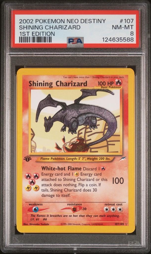 Shining Charizard 1st Edition PSA 8 - Neo Destiny, Hobby en Vrije tijd, Verzamelkaartspellen | Pokémon, Zo goed als nieuw, Losse kaart