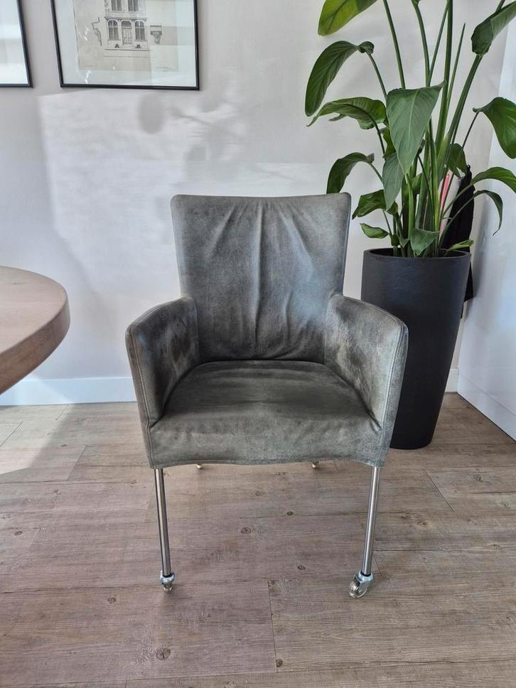 Eetkamerstoelen op wieltjes echt leer (6 st), Huis en Inrichting, Stoelen, Gebruikt, Vier, Leer, Ophalen