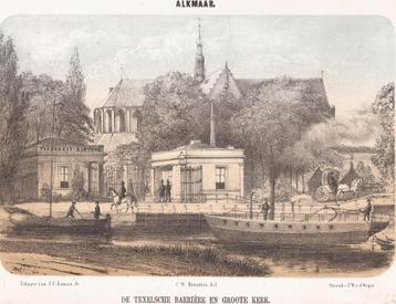 Alkmaar - De Texelsche Barrière en Groote Kerk Litho 1857 beschikbaar voor biedingen