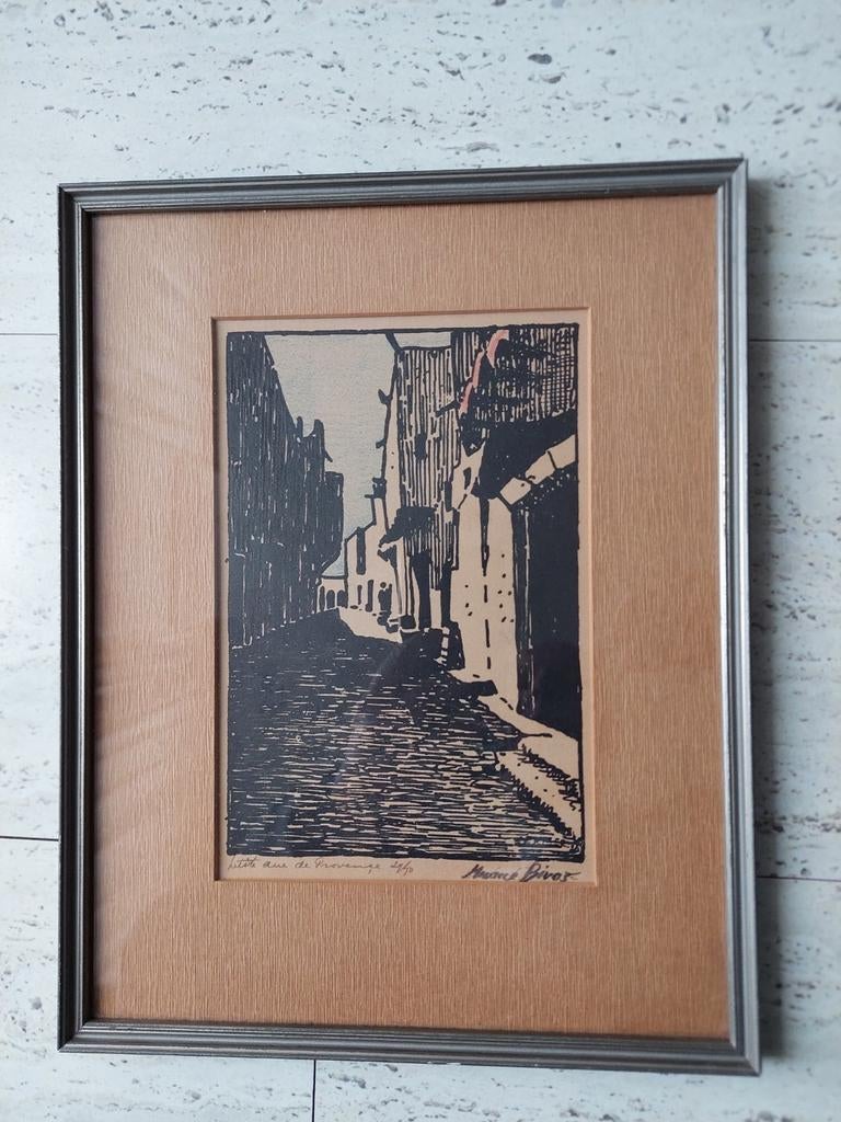 Houtsnede Frankrijk Provence dorpsgezicht, Ophalen of Verzenden