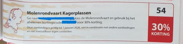 Molenrondvaart Kagerplassen 30% korting, Tickets en Kaartjes, Kortingen en Cadeaubonnen, Drie personen of meer, Kortingsbon