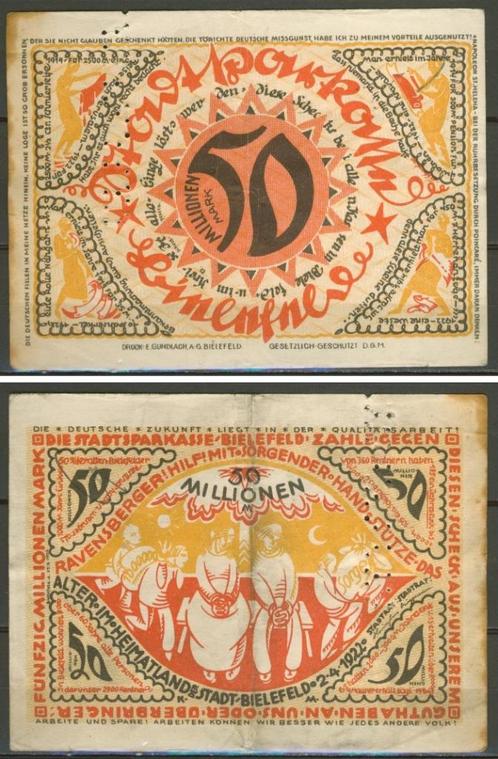 Bielefeld 50 Millionen Mark 1922 Noodgeld Biljet c-17 jdu  V, Postzegels en Munten, Bankbiljetten | Europa | Niet-Eurobiljetten