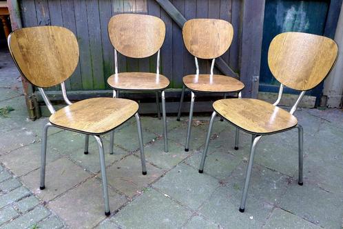 Mooi set van 4  vintage retro formica stoelen, Huis en Inrichting, Stoelen, Zo goed als nieuw, Vier, Kunststof, Metaal, Bruin