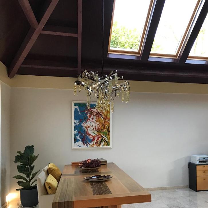 Design hanglamp, Huis en Inrichting, Lampen | Hanglampen, Zo goed als nieuw, 75 cm of meer, Glas, Metaal, Ophalen