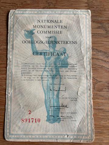 Certificaat Oorlogsgedenktekens Dam Amsterdam beschikbaar voor biedingen
