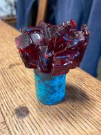 Unieke Glazen Roos op blauw groene  (koperen) Voet, Antiek en Kunst, Ophalen of Verzenden