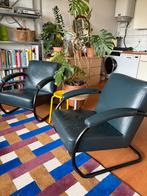 Donkerblauwe lederen stoelen met buisframe, Ophalen of Verzenden, Zo goed als nieuw, 75 tot 100 cm