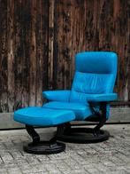 Blauwe Leren Fauteuil met Voetenbank stressless, Ophalen, Gebruikt, Minder dan 75 cm, Leer