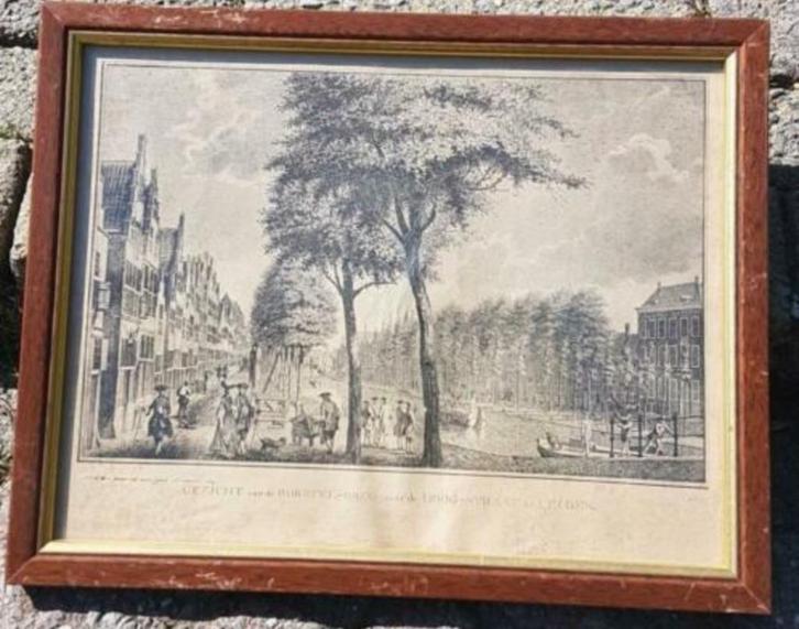 Prent gezicht van de Borstelbrug naar de Hoogstraat Leiden, Antiek en Kunst, Kunst | Litho's en Zeefdrukken, Ophalen