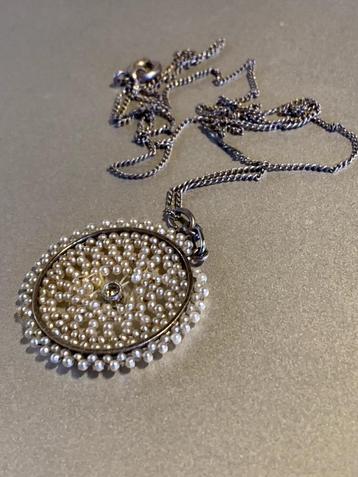 Antieke zilveren Belle Epoque hanger, oriëntparels + diamant beschikbaar voor biedingen