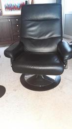 Zwarte lederen relaxfauteuil met voetensteun, Ophalen, Gebruikt, 75 tot 100 cm, Metaal