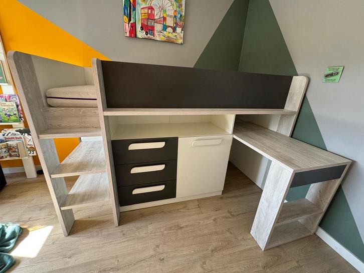 Halfhoogslaper Yolo in grijseiken, wit en antraciet  90x200, Kinderen en Baby's, Kinderkamer | Stapelbedden en Hoogslapers, Zo goed als nieuw
