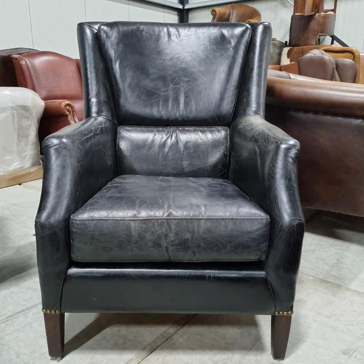 Stoere hoge fauteuil vintage zwart leer + BEZORGING GRATIS, Huis en Inrichting, Fauteuils, Gebruikt, Leer, Ophalen of Verzenden