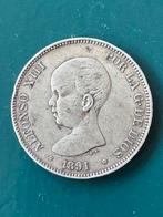 Spanje 5 Ptas. Alfonso XIII 1e portret. 1891,1891 PG M, Ophalen of Verzenden, Overige landen, Losse munt, Zilver