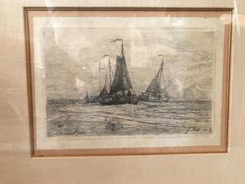 G.L. Kiers. Fraaie ets van schepen op zee beschikbaar voor biedingen