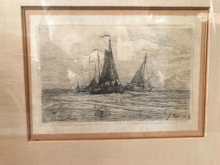 G.L. Kiers. Fraaie ets van schepen op zee, Antiek en Kunst, Kunst | Schilderijen | Klassiek, Ophalen