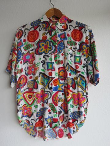 Vintage kleurrijke witte blouse met print figuurtjes maat 38 beschikbaar voor biedingen