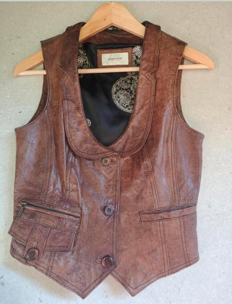 Greenwood Leren Hesje / Gilet - Maat S, Greenwood, Bruin, Ophalen of Verzenden, Zo goed als nieuw
