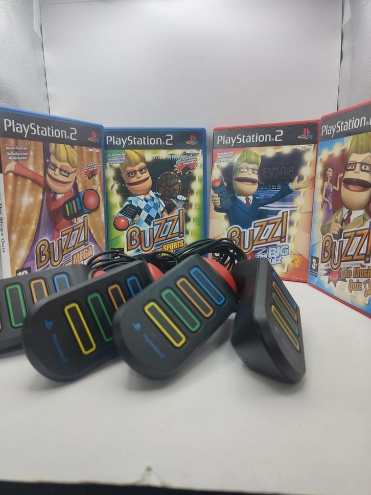 Buzz! PS2 Games + Buzzers, Spelcomputers en Games, Games | Overige, Gebruikt, Puzzel en Educatief, 3 spelers of meer, Vanaf 3 jaar