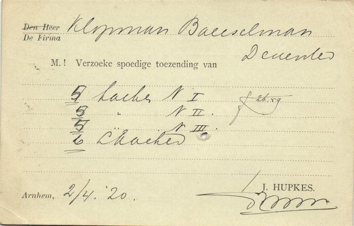 J. Hupkes, Arnhem - 04.1920 - briefkaart, Postzegels en Munten, Brieven en Enveloppen | Nederland, Briefkaart, Ophalen of Verzenden