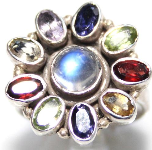 Schitterende Sterling Zilver Multi Edelsteen Entourage Ring, Sieraden, Tassen en Uiterlijk, Antieke sieraden, Ring, Zilver, Met edelsteen