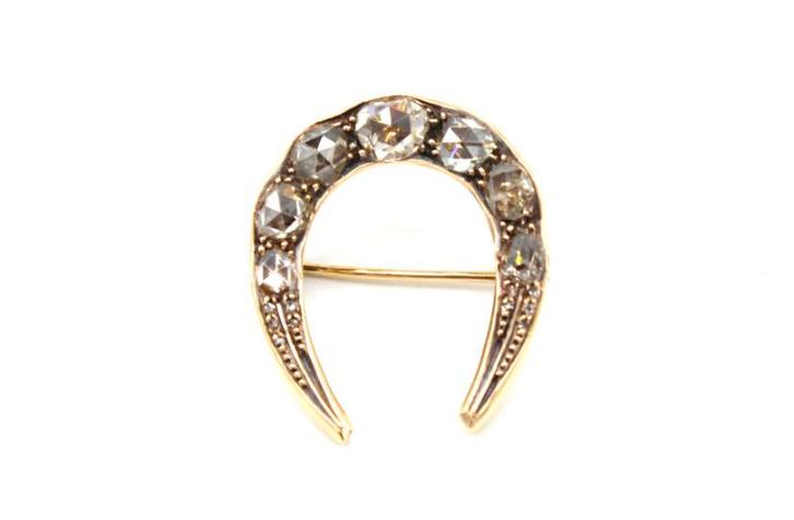 14 Kt gouden hoefijzer speld met roosdiamant, ca.1.45 ct., Sieraden, Tassen en Uiterlijk, Antieke sieraden, Broche, Goud, Met edelsteen