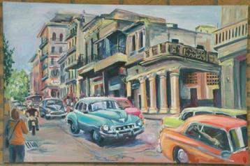 Schilderij van straatbeeld Havana ,Cuba .afm 70x120cm
