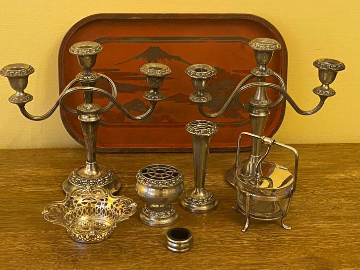 Verzilverde drie-armige kandelaars Ianthe England *Nous deux, Antiek en Kunst, Antiek | Goud en Zilver, Zilver, Ophalen of Verzenden