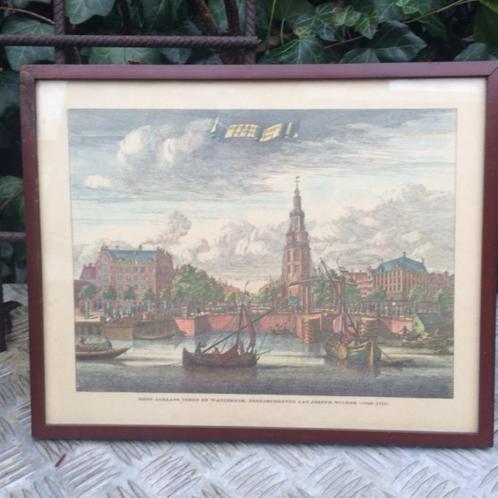 Nette ingekleurde prent/ets/gravure Montelbaanstoren A'dam, Antiek en Kunst, Kunst | Etsen en Gravures, Ophalen of Verzenden