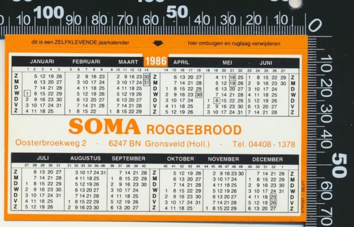 Sticker: Soma Roggebrood - Jaarkalender 1986 - Gronsveld, Verzamelen, Stickers, Zo goed als nieuw, Bedrijf of Vereniging, Ophalen of Verzenden