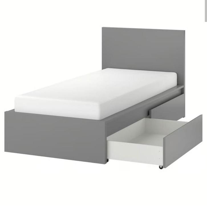 Grijze Ikea malm eenpersoonsbed met opberglades, Huis en Inrichting, Slaapkamer | Bedden, Zo goed als nieuw, Eenpersoons, 90 cm