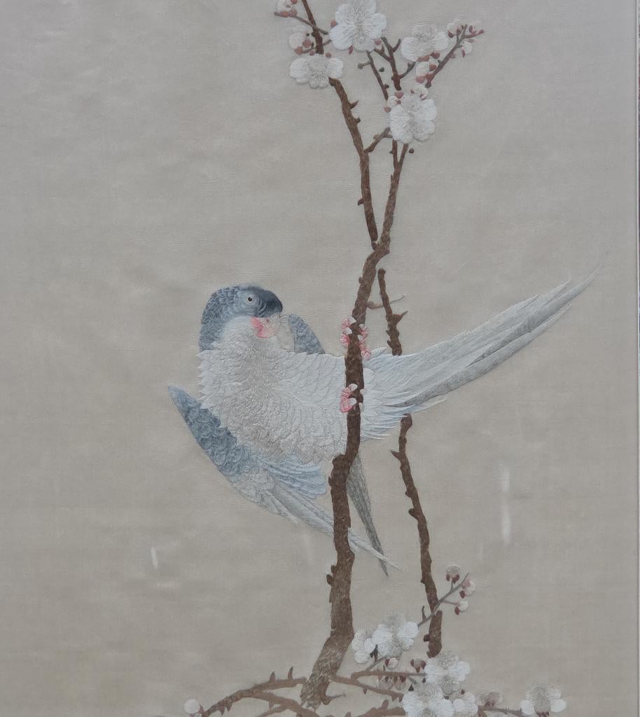 Geborduurd op zijde papegaai tak bloesem Japans, Ophalen