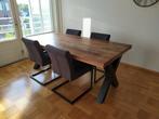 Eettafel met 6 stoelen - Mangohout, Huis en Inrichting, Tafels | Eettafels, Ophalen, 100 tot 150 cm, Zo goed als nieuw, Vijf personen of meer