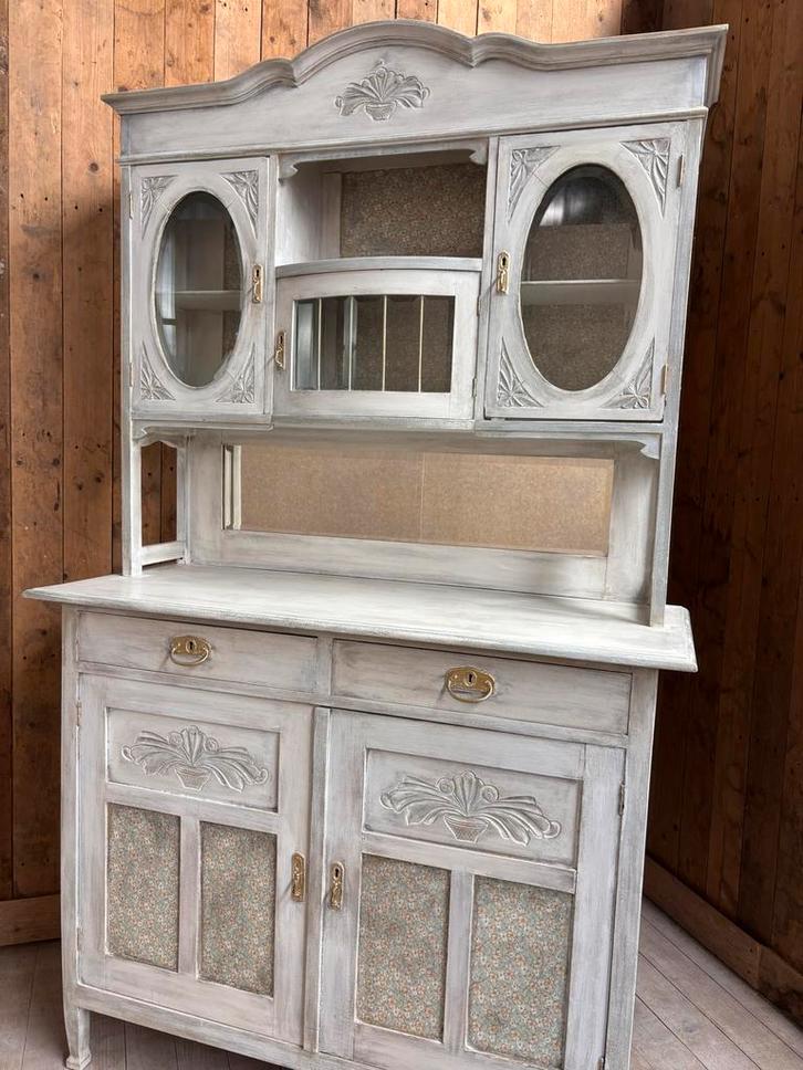 Vintage buffetkast met glas, spiegel en lades, Huis en Inrichting, Kasten | Buffetkasten, Gebruikt, 200 cm of meer, 100 tot 150 cm