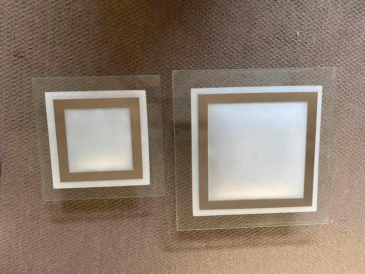 2 moderne vierkante plafonnieres rvs met glas, Huis en Inrichting, Lampen | Plafondlampen, Gebruikt, Glas, Metaal, Ophalen of Verzenden