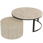 Salontafel Iki – Japandi Design in Travertin & Massief Hout, Huis en Inrichting, Tafels | Salontafels, 100 tot 150 cm, Rond, Nieuw