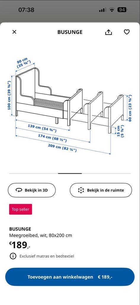 3 Stuks IKEA Busunge meegroeibed wit, Kinderen en Baby's, Kinderkamer | Bedden, Gebruikt, 160 tot 180 cm, 70 tot 85 cm, Lattenbodem